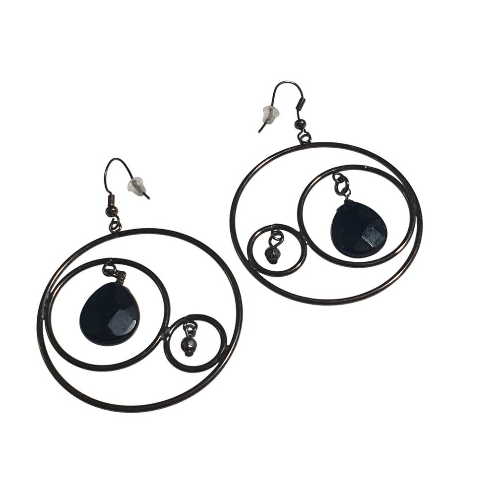 Dark Gunmetal Spiral Drop Earrings Black Bead Jewelry Lightweight MCM Gift